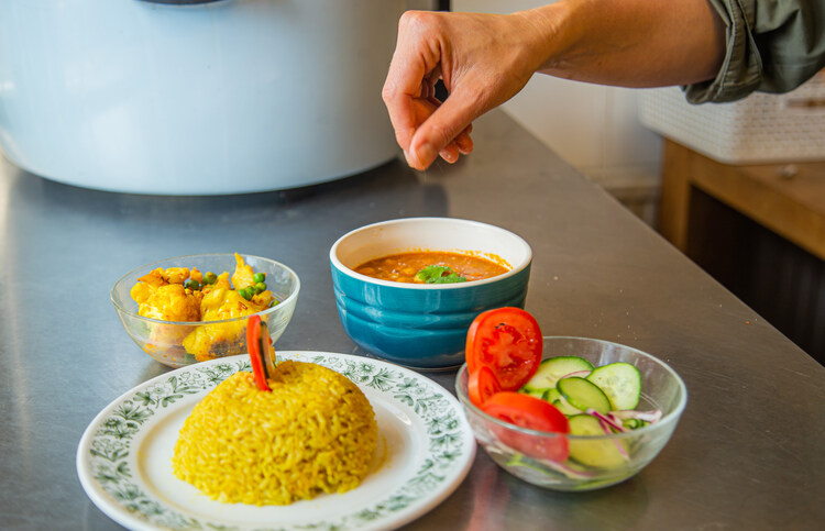 Holistic nutrition - healthy meal with rice, soup, and salad Holistic nutrition - healthy meal with rice, soup, and salad