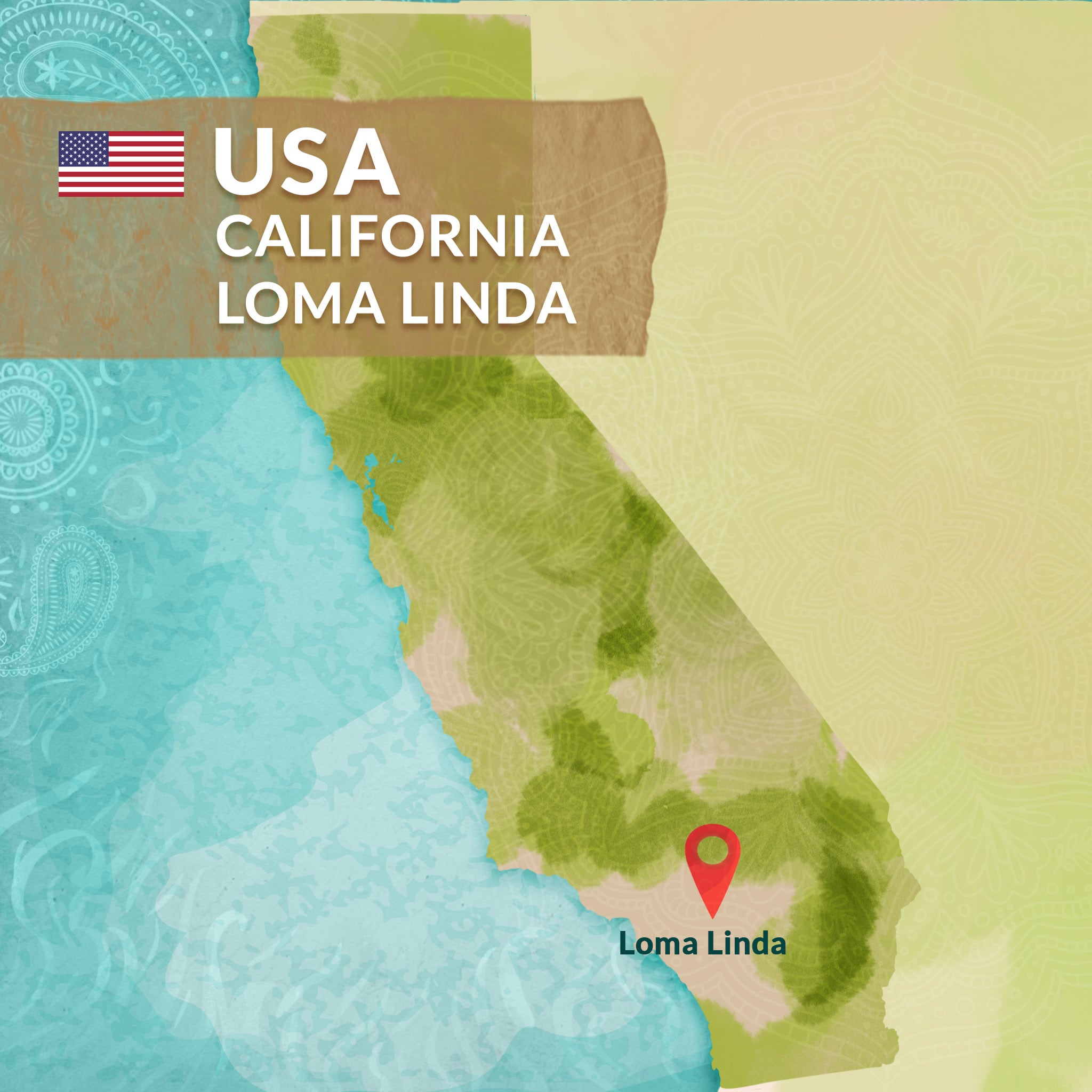Blue Zones on map - Loma Linda, California, USA Blue Zones on map - Loma Linda, California, USA