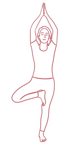 Tree Pose: Yoga balancing stance with arms overhead and one leg rested against the inner thigh. Tree Pose: Yoga balancing stance with arms overhead and one leg rested against the inner thigh.
