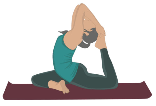 A woman stretches back to grab her foot in Easy One-Legged Pigeon Pose II Variation (Sukha Eka Pada Kapotasana II)