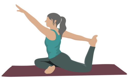 A female yoga practitioner raises her hand up in Easy One-Legged Pigeon Pose I Variation (Sukha Eka Pada Kapotasana I)