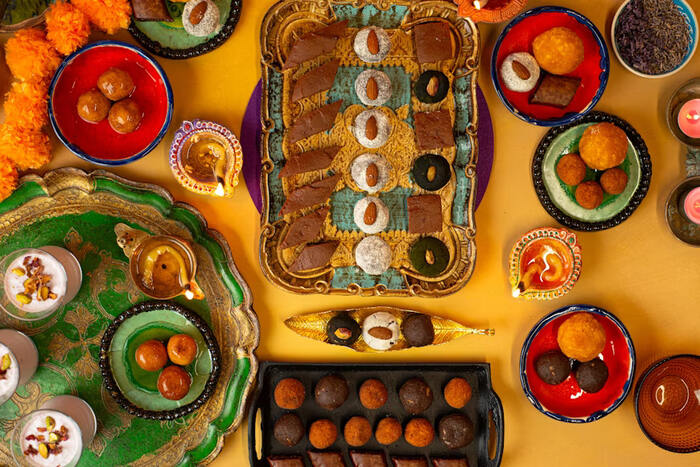 Diwali sweets and flower decorations