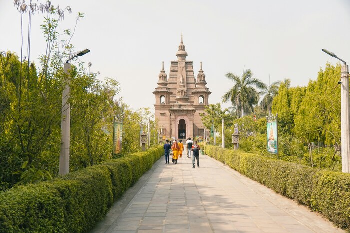 Visitors at Sarnath temple in Varanasi, Uttar Pradesh