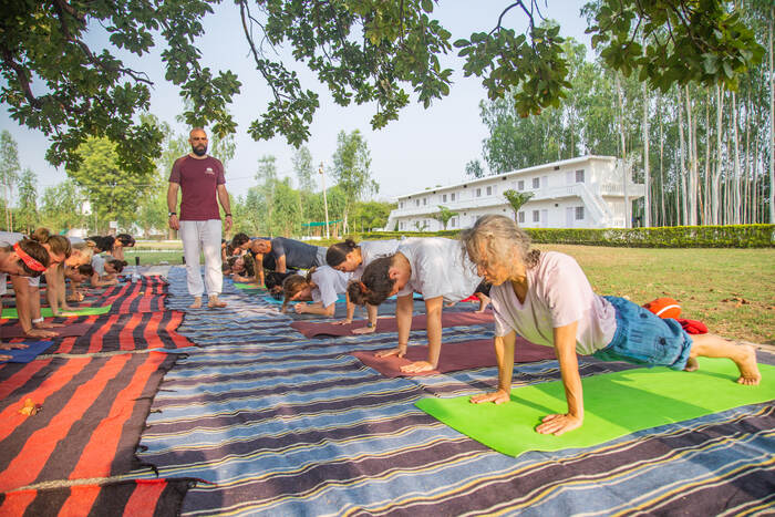 A yoga teacher guides a class outside in nature