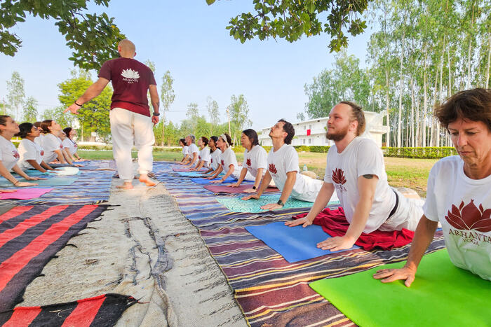 Yoga students practice Sun Salutations outside in nature