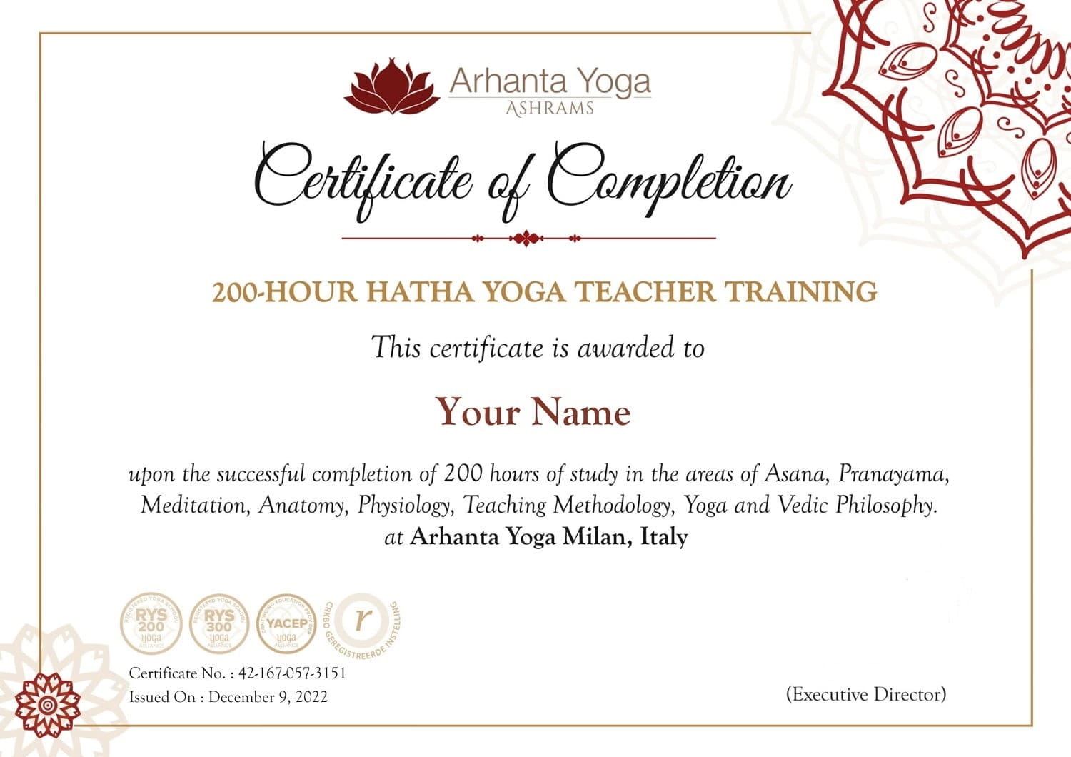 200-Hour Hatha Yoga Teacher Training Milan Certificate 200-Hour Hatha Yoga Teacher Training Milan Certificate