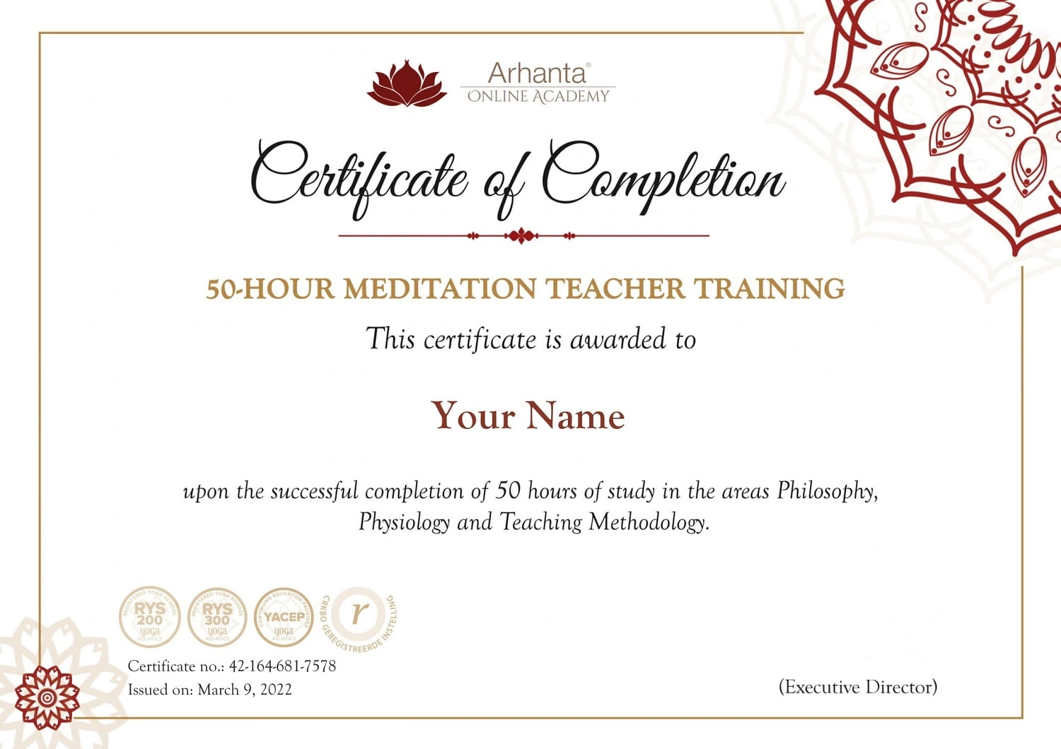 50-Hours Meditation teacher training online certification course Meditation teacher training certificate sample for online course