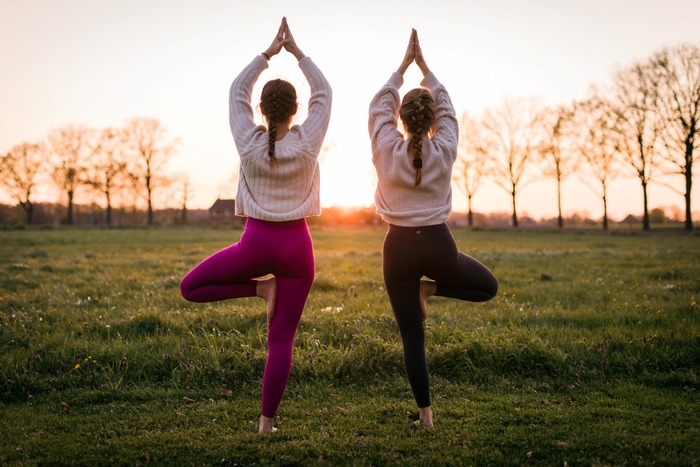 Two women practicing Tree pose in a field during sunrise Two women practicing Tree pose in a field during sunrise