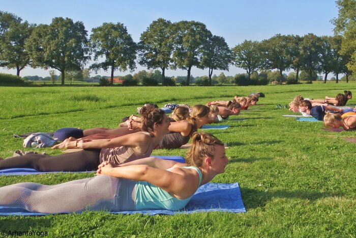 Students in Salabhasana or Locust pose in a green landscape Group of students practicing Salabhasana in an outdoor setup