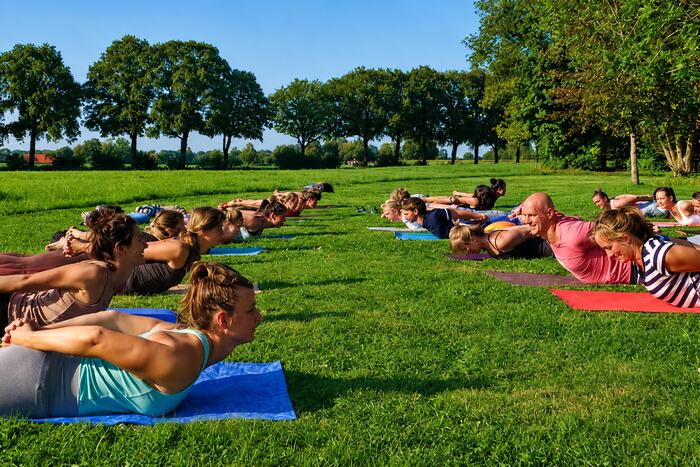 Yoga students performing Locust pose together in an outdoor asana session