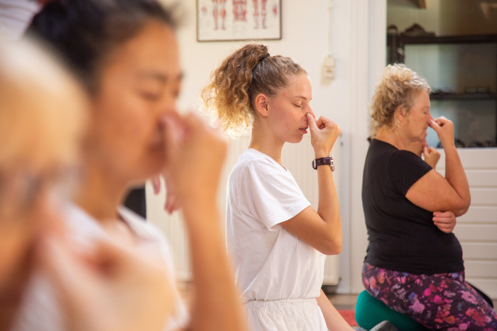 Students practicing Anulom Vilom&nbsp;pranayama during a yoga breathing session